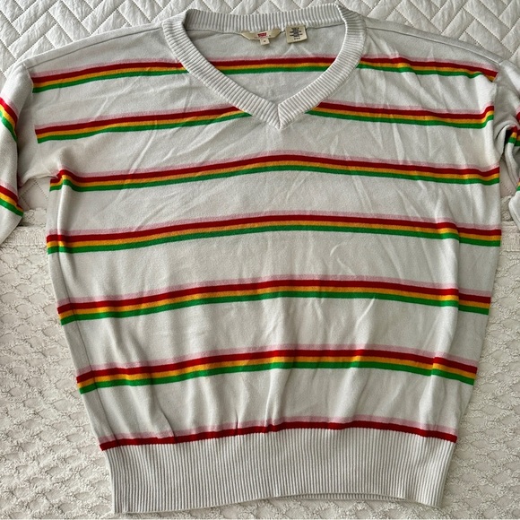 Levi’s Retro Stripe Normcore V-Neck Sweater White Multicolor Long Sleeve Medium - Picture 8 of 13